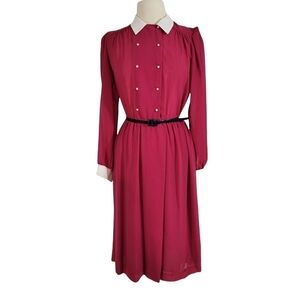 Vintage 70s Anita Kantor Pink & Navy Blue Pinstripe Blouson Belted Dress